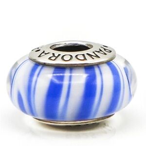 Pandora Retired Blue and White Candy Stripes Murano Glass Charm Bead
